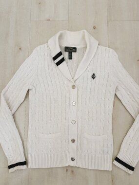 Lauren Ralph Lauren Active White CableKnit ShawlCollar Cardigan Sweater Size S/P